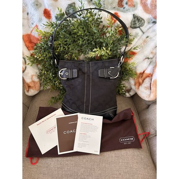 COACH Signature #3577 Black Mini C Canvas & Leather Shoulder Bag Papers Dust Bag - Picture 1 of 10